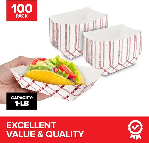 Miniatura 2 de Botes pequeños de papel para alimentos (paquete de 100) bandejas desechables de 1 libra a cuadros rojos y blancos, botes de comida ecológicos, botes