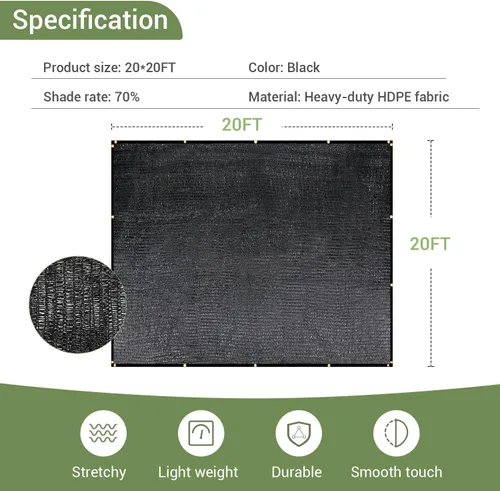 Miniatura 8 de 70% Tela de Sombra para Jardín, Lona de Malla HDPE de 20x20 pies con Ojales Mejorados, Sombras Solares UV-Resistentes para Exterior, Invernadero