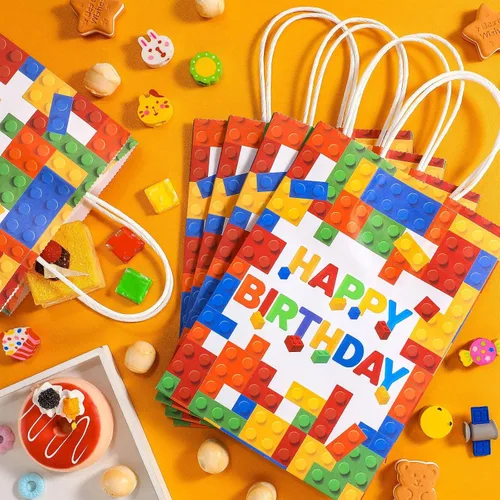 Miniatura 5 de Marspark 16 bolsas de regalo de bloque de construcción para fiestas, ladrillos de color, papel kraft con asa para cumpleaños, baby shower, bloques