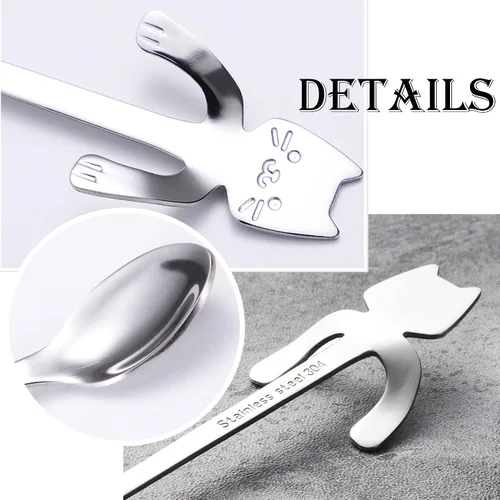 Miniatura 4 de Juego de 6 cucharas de té y café, de acero inoxidable, mini cucharas largas y lindas para gatito, para mezclar bebidas de postre (plateado)