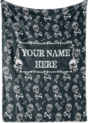 Manta de esqueleto personalizada para niños, adolescentes o adultos, manta grande de felpa negra con tela de felpa suave, cálida, con calaveras y