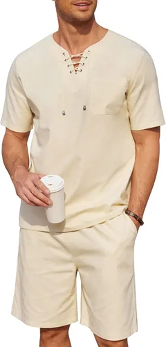 COOFANDY Conjunto de 2 piezas de lino para hombre, camisa Henley con cordones, manga corta, casual, playa, pantalones cortos hippie, trajes de yoga