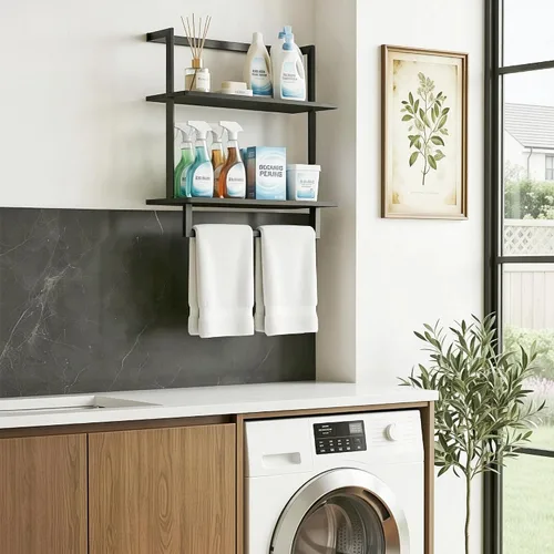 Miniatura 5 de Toallero montado en la pared para baño, soporte de almacenamiento de baño, estante de toalla de madera de acero de 3 niveles con barra, negro