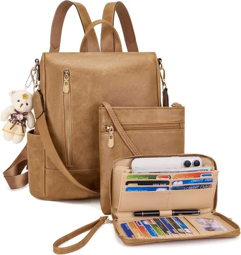 Soperwillton Mochila de moda para mujer, bolso de hombro de cuero antirrobo, bolsa de viaje, múltiples bolsillos, cartera, juego de 3 piezas