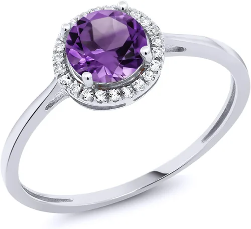 Miniatura 62 de Gem Stone King Anillo de compromiso de boda de oro blanco de 10 quilates con piedra natal y halo de diamantes Redondo de 0.236 in Anillo de oro