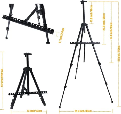 Miniatura 5 de MXG - Caballete portátil de aluminio negro para pintar, letreros, exhibición, caballete de trípode de altura ajustable de 17 a 61 pulgadas