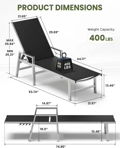 Miniatura 2 de Vexwalx Tumbona para patio al aire libre con ruedas y reposabrazos, sillas reclinables ajustables de aluminio de 5 posiciones, sillas de playa al