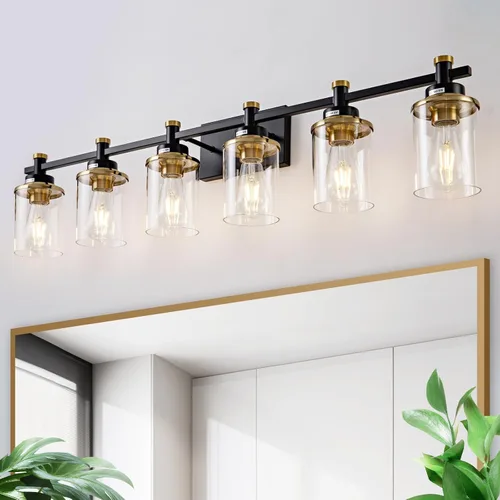 Miniatura 19 de Accesorios de Luz de Baño de 3 Luces, Accesorio de Luz de Tocador Negro y Dorado Cepillado Sobre Espejo, Apliques de Pared Modernos Iluminación