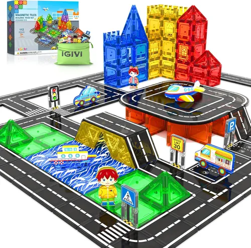 Juego de 112 piezas de azulejos magnéticos para carretera con colores vibrantes y fuerza ultra magnética, bloques de construcción de carreteras de