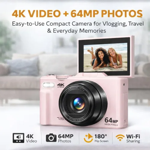 Miniatura 3 de Acuvar Cámara digital 4K, cámara digital compacta de 64 MP para fotografía y vlogging, pantalla abatible, WiFi, zoom 16X, cámara pequeña