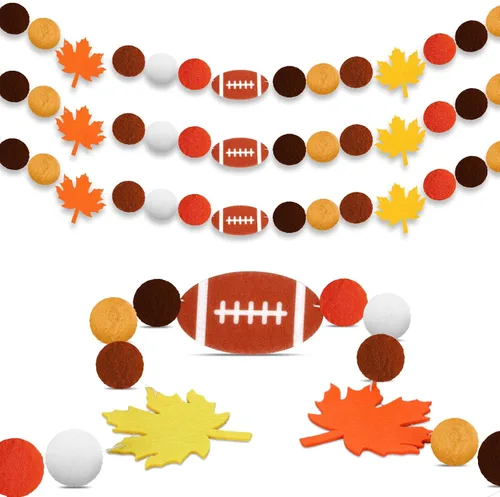 Rtteri Guirnalda de fútbol de Acción de Gracias, guirnalda de pompones de bola de fieltro para decoración de fiesta de Acción de Gracias, decoración