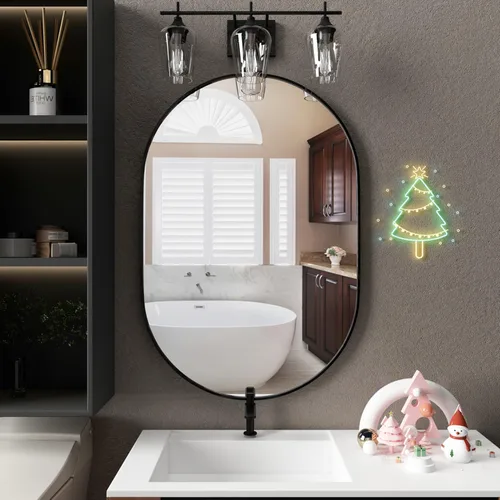 Miniatura 9 de Espejo ovalado de baño, espejo de tocador de pared con cápsula, espejo de píldora de 24 x 36 pulgadas, espejo grande y moderno con marco de metal