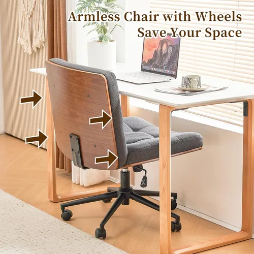 Miniatura 9 de Furnimart FSC Silla de Escritorio Ancha de Madera, Silla de Oficina Giratoria 360° Criss Cross con Ruedas, Cómodo Sentado con Piernas Cruzadas, Gris