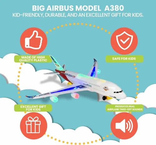 Miniatura 5 de Avión eléctrico Bump and Go Bou A380, para niños, acción divertida, gran modelo plano con luces y sonidos atractivos, cambia la dirección