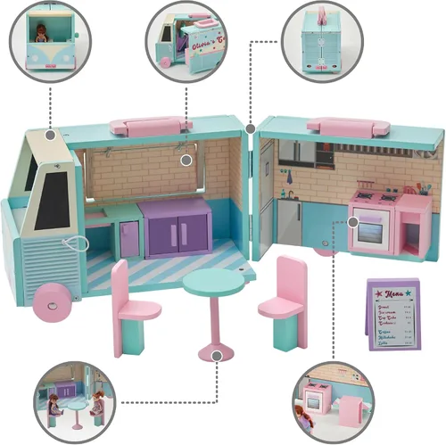 Miniatura 6 de Olivia's Little World Casa de muñecas de camión de comida de madera + accesorios para muñecas de 3.5", multicolor