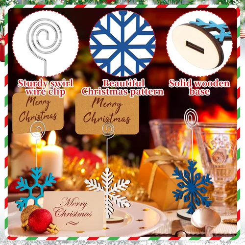 Miniatura 5 de Funnymoom - 20 unidades de soportes de madera para tarjetas navideñas con diseño de copo de nieve azul y blanco, y 20 tarjetas Kraft para nombres