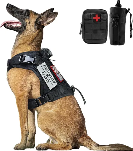 Arnés táctico para perro con bolsas de entrenamiento militar K9 al aire libre, chaleco táctico desmontable para medicina y bolsas de agua, 3 parches