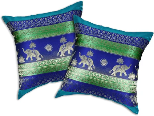 AeraVida Juego de 2 fundas de cojín inspiradas en elefantes tailandeses y sol en rayas azul real y verdes, para decoración colorida y moderna del