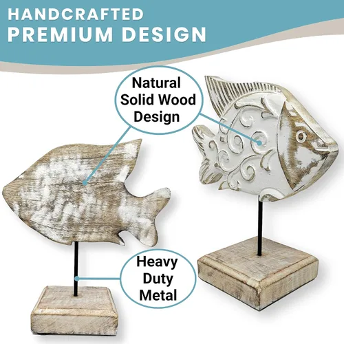 Miniatura 4 de Beau - Estatua de pescado de mantequilla en base Escultura de pescado de madera hecha a mano para casa náutica de playa, centro de mesa rústico