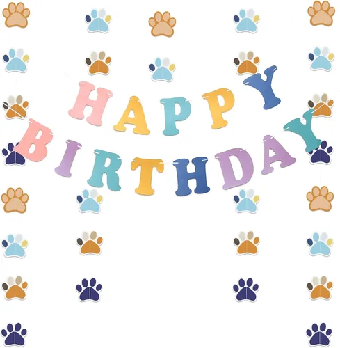 Pancartas de perro con diseño de patas, guirnalda de papel de feliz cumpleaños para perros, recortes coloridos para niños, decoración de fiesta de