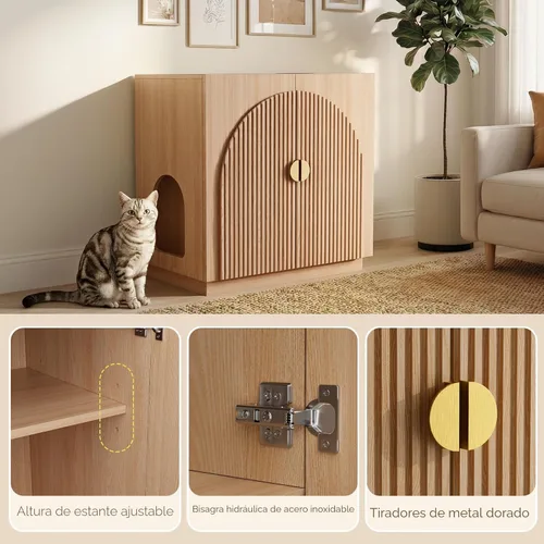 Miniatura 7 de Amunrbrek Caja de arena grande, armario oculto estriado para gatos con almacenamiento, aparador curvado simétrico (natural)