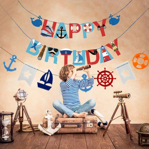 Miniatura 2 de 77 piezas de suministros náuticos para fiestas: pancarta náutica de feliz cumpleaños, banderines, 30 globos de látex (rojo, azul, blanco), 24