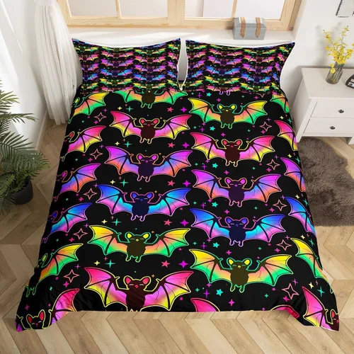 Miniatura 34 de Erosebridal Juego de ropa de cama de murciélago de Halloween, tamaño individual, con purpurina y estrellas, galaxia, funda de edredón para niños