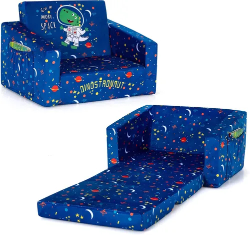 Costzon Sofá para niños, sofá infantil abierto 2 en 1 con tela de terciopelo, bolsillos de almacenamiento, reposabrazos para niños pequeños, cama