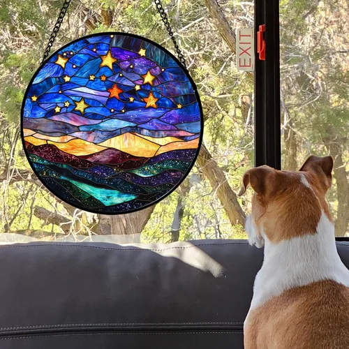Miniatura 4 de Arte de Vidrio para Colgar en Ventanas, Cielo Azul con Estrellas de Oro Paisaje Abstracto Atrapasoles para Puertas y Ventanas, Adornos