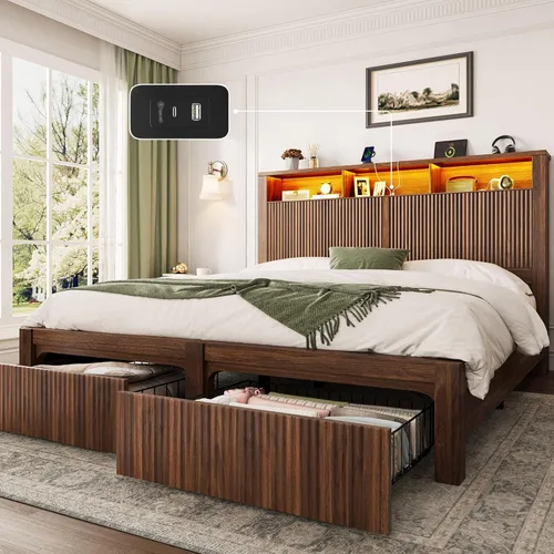 Miniatura 9 de CypBed Base de cama de tamaño matrimonial con cabecera y cajón de almacenamiento, marco de cama matrimonial con luz LED y puerto de carga, diseño