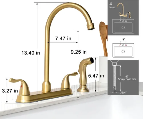 Miniatura 6 de Grifo de cocina dorado de 2 manijas con rociador lateral, 8 pulgadas de arco alto giratorio de 360°, grifo de fregadero central de 3 o 4 agujeros