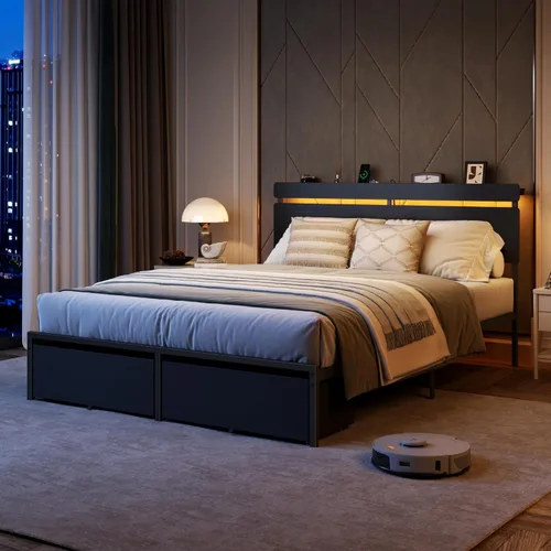 Miniatura 3 de Forestell Base de cama Queen con cabecera de madera, cama de plataforma negra con 2 cajones de almacenamiento y estante, estación de carga integrada