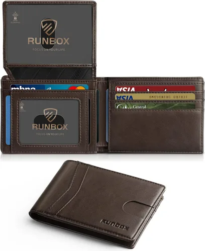 RUNBOX - Carteras delgadas de cuero para hombres, tecnología contra interferencia de radiofrecuencia (RFID), 2 ventanas de identificación, con caja