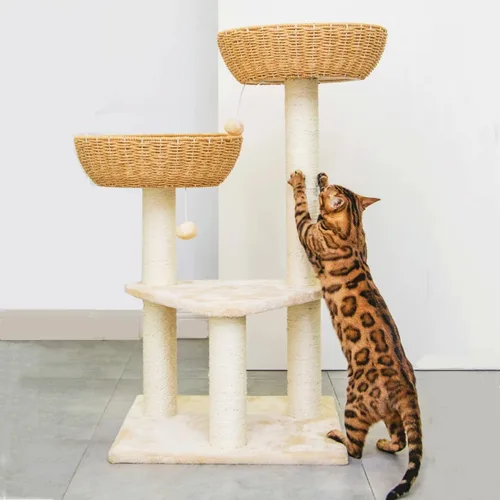 Miniatura 2 de SHENGOCASE Torre de árbol para gatos con cesta de mimbre de ratán, 2 cestas nido grandes tejidas a mano cama, percha de ventana para gatos grandes