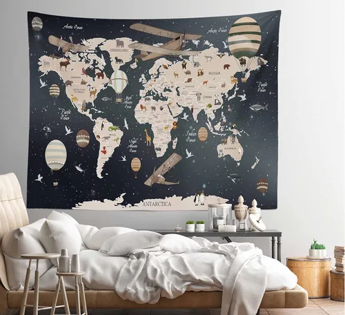 Miniatura 4 de BELECO Tapiz de mapa del mundo para colgar en la pared, diseño de animales de dibujos animados, 60 x 40 pulgadas, diseño vintage de aviones