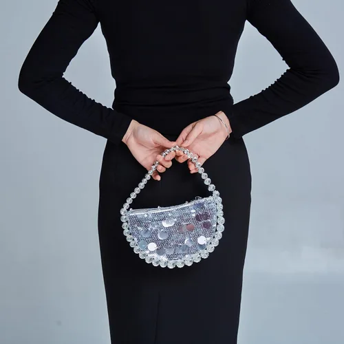 Miniatura 6 de Uhawi Bolso de mano con diamantes de imitación para mujer, bolso de noche con purpurina brillante, hecho a mano, fiesta, boda, plateado