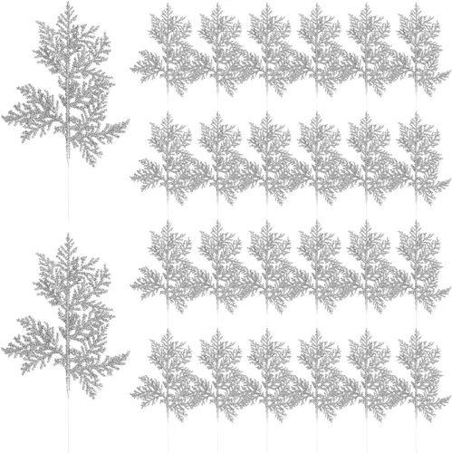 DIYASY Ramas de relleno de árbol de Navidad, hojas de aguja de pino artificial con purpurina de 11 pulgadas, ramas florales, adornos de hojas de