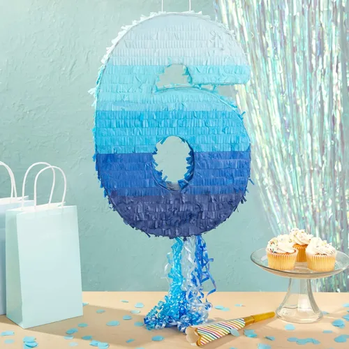 Miniatura 2 de BLUE PANDA Cuerda de 6 piñatas – Azul degradado 16.5 x 11.3 x 3 pulgadas – Piñata número 6 para decoraciones de cumpleaños y decoración de fiestas
