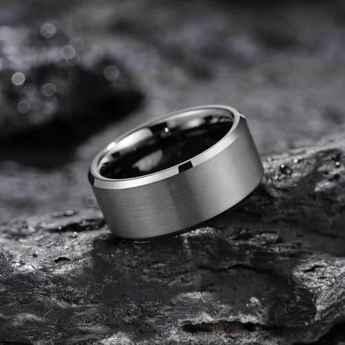 Miniatura 125 de King Will Anillo de boda de tungsteno para hombre, disponible en 15/64 a 25/64 de pulgada (6 a 10 mm), negro/plata, acabado mate, borde pulido