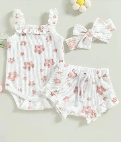 Miniatura 8 de Conjunto de ropa de verano para bebé recién nacida, conjunto de ropa de verano con estampado floral, mameluco con cordón y diadema corta