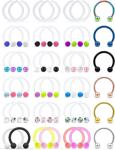 Cisyozi Anillos de tabique de plástico transparente 16G, joyería para cirugía, herraduras, tabique flexible, nariz, ceja, labio, cartílago, hélix,