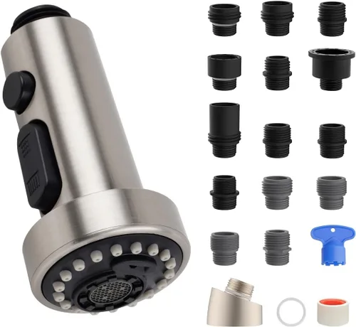 Miniatura 10 de Hibbent Reemplazo de cabezal de grifo de cocina extraíble, boquilla de cabezal rociador de grifo de fregadero de 3 funciones con 15 adaptadores