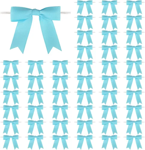 Meseey 50 Piezas Lazos de Cinta de Grogrén de 3 Pulgadas con Amarre Torcido Color Azul Bebé Preatados Premoldeados Lazos de Manualidades para Bolsas
