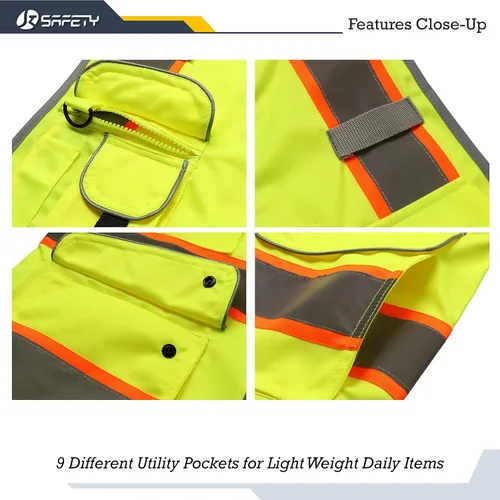 Miniatura 4 de JKSafety Chaleco de seguridad con cremallera frontal de 9 bolsillos de color amarillo neón de alta visibilidad con borde extendido naranja 2-Tiras