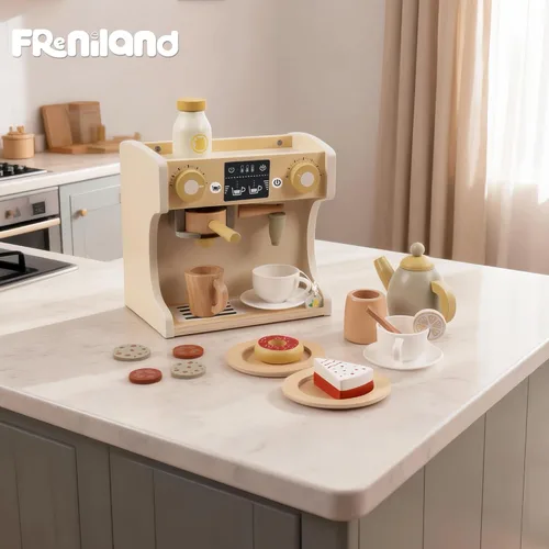 Miniatura 7 de Freniland Juego de cafetera de madera para niños pequeños, máquina de espresso de lujo con accesorios, juguete de cocina Montessori para niños a