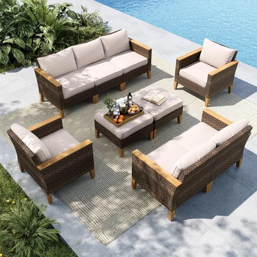 Miniatura 46 de MFSTUDIO Juego de 2 muebles de ratán para patio, sofá biplaza de mimbre para exteriores, juego de conversación para jardín, piscina, patio trasero