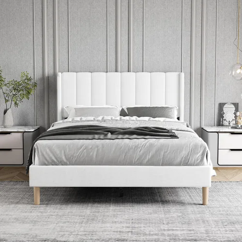Miniatura 3 de Marco de Cama de Plataforma Tapizada Tamaño Full con Cabecero, Soporte de Listones de Madera Resistentes Sin Necesidad de Somier Montaje Fácil Lino