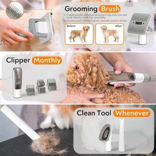 Miniatura 2 de Aspiradora de aseo para mascotas para perros y gatos, succión fuerte de 12 kPa, ≤ 50 dB silenciosa, taza de polvo de 2 litros, kit de aseo 5 en 1