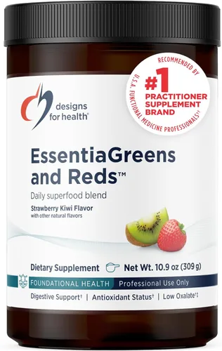 Designs for Health EssentiaGreens and Reds (fresa kiwi, 30 porciones), superalimento vegano en polvo con espirulina, col rizada, manzana y más, para