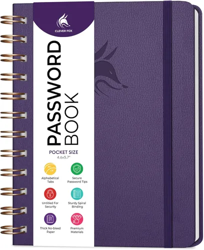 Clever Fox Libro de contraseñas en espiral, mini organizador de direcciones de Internet y contraseñas con pestañas alfabéticas laminadas, diario